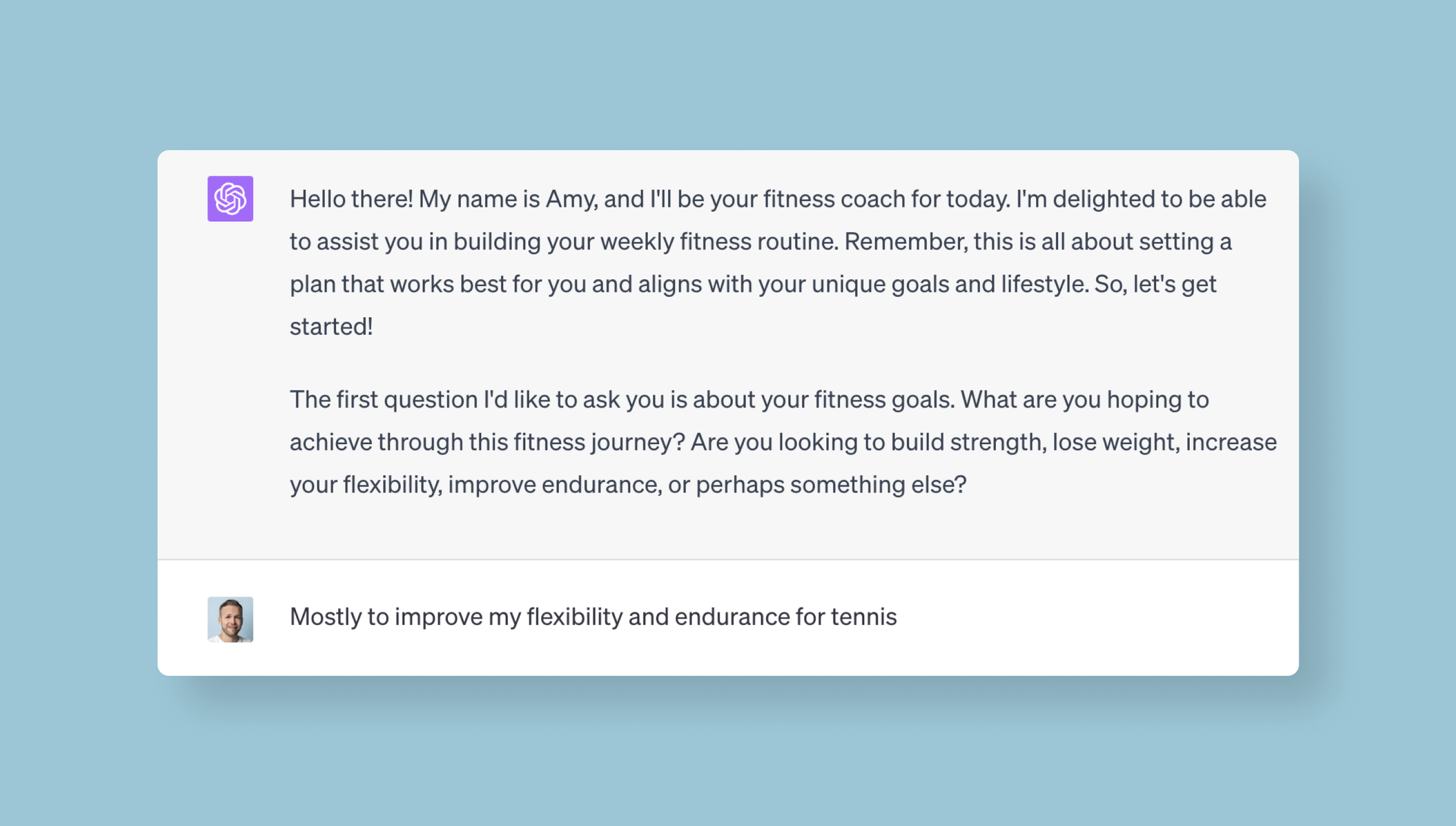 I started a conversation with my AI fitness coach that I “trained” with my initial prompt