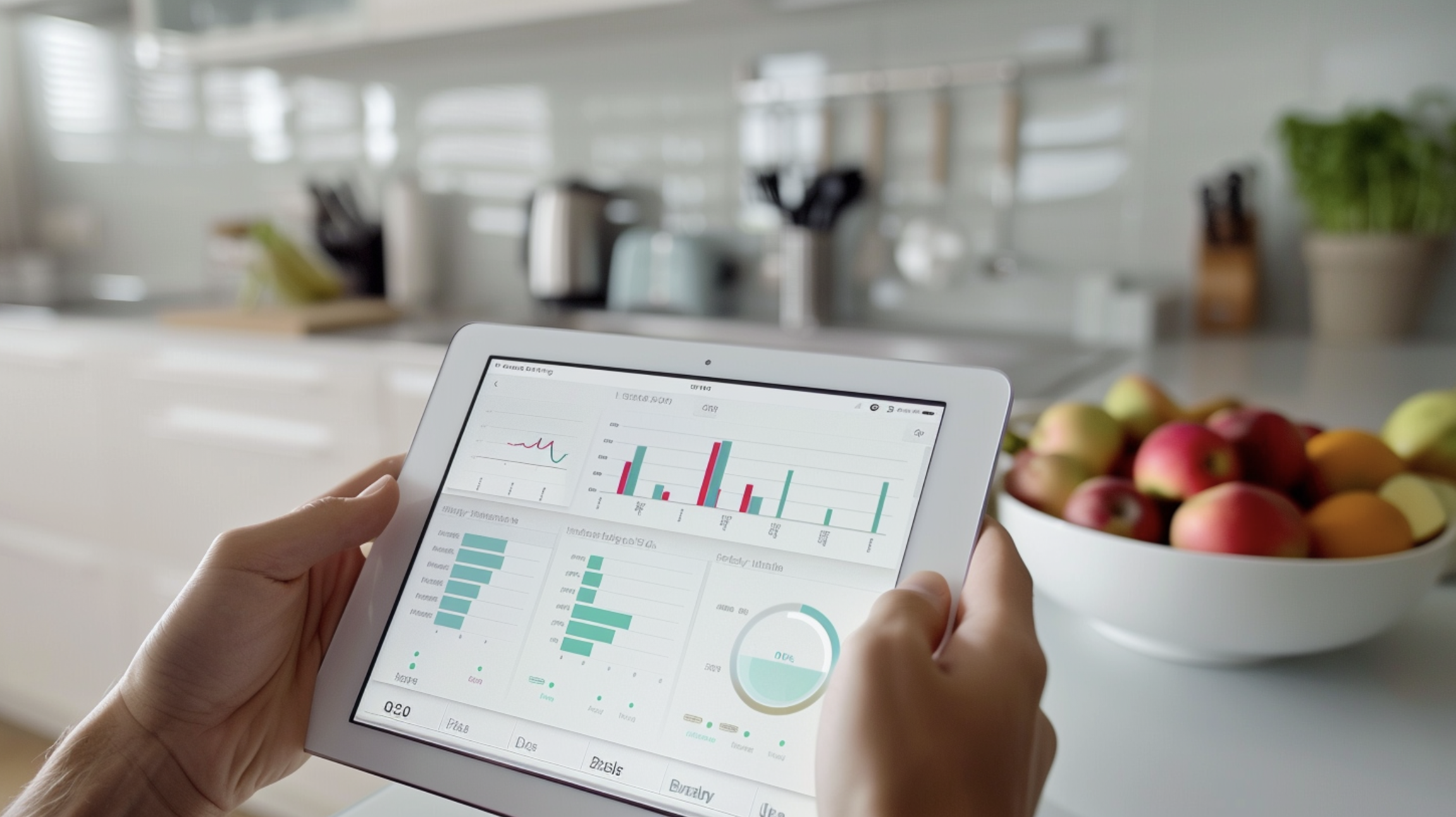 A new health app on a tablet. Midjourney prompt: a health app dasboard on a tablet device. The app will give users an easily glancable overview of their health data. Take inspiration from companies like Google and Apple. The user interface is uncluttered, beautiful and intuitive. Hands holding the tablet in a home kitchen. --ar 16:9 --s 50 --style raw --v 6.0