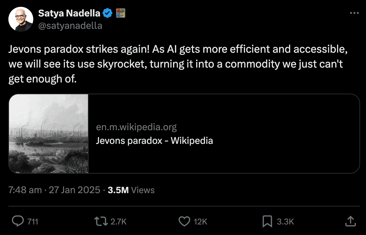 Satya Nadella's post discussing Jevons paradox and increasing demand for AI.