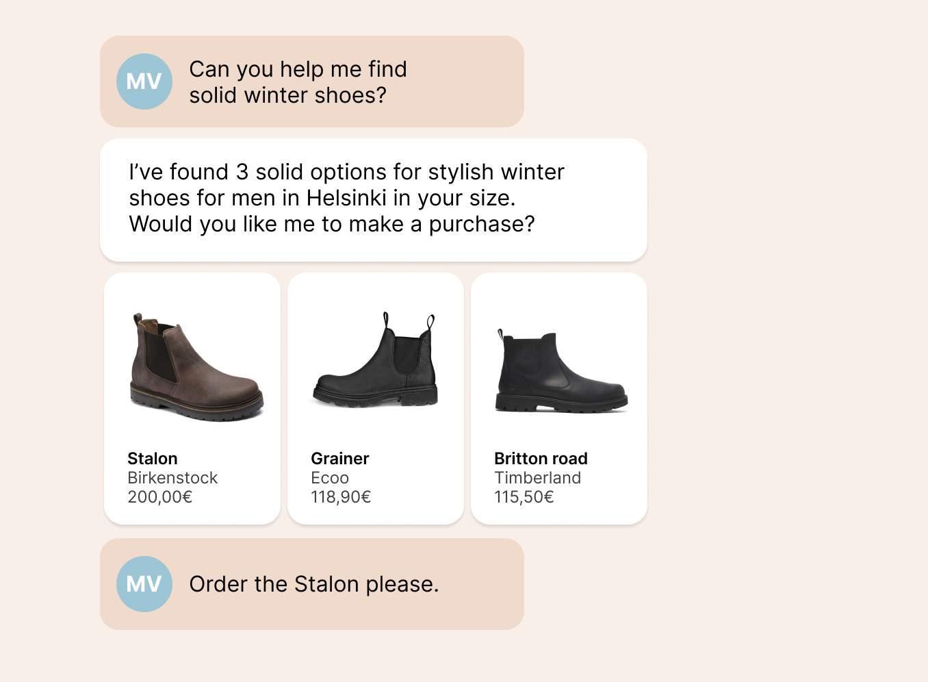 Illustrative shopping conversation where an assistant recommends and orders winter shoes.