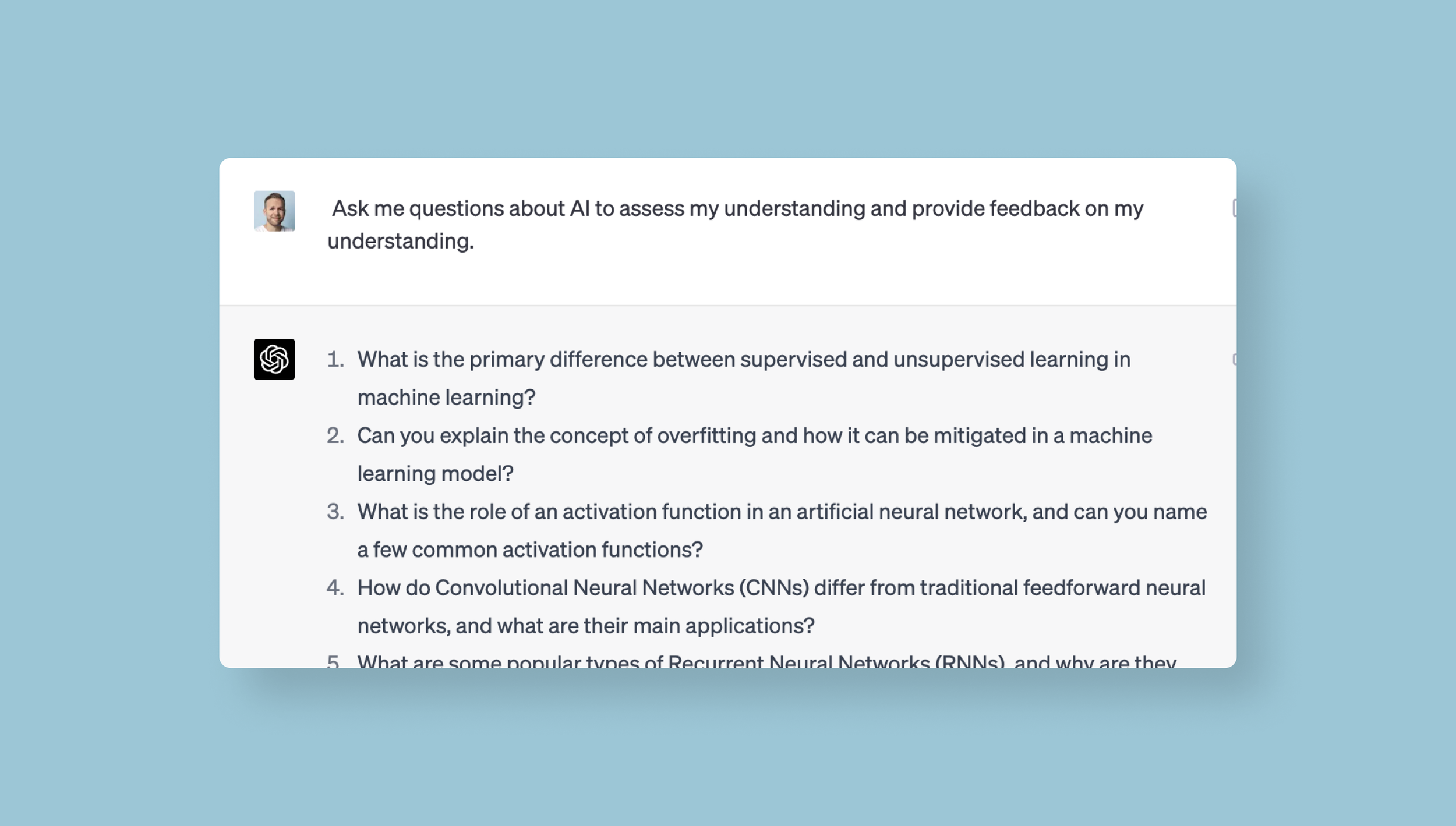 To start my learning journey, I asked ChatGPT to evaluate any gaps in my knowledge.