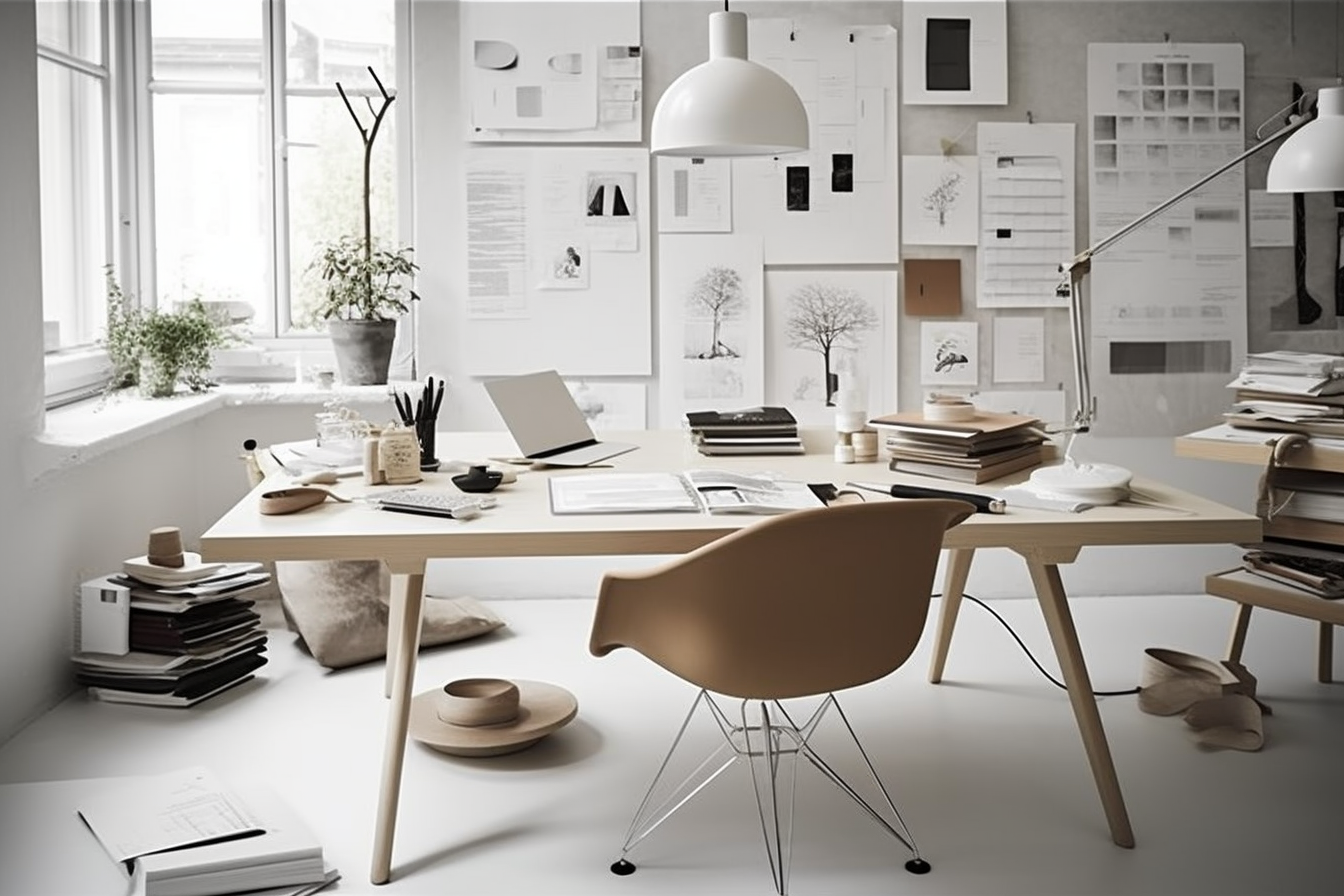 Visual inspiration for the design of a Nordic style office space from AI tool Midjourney.