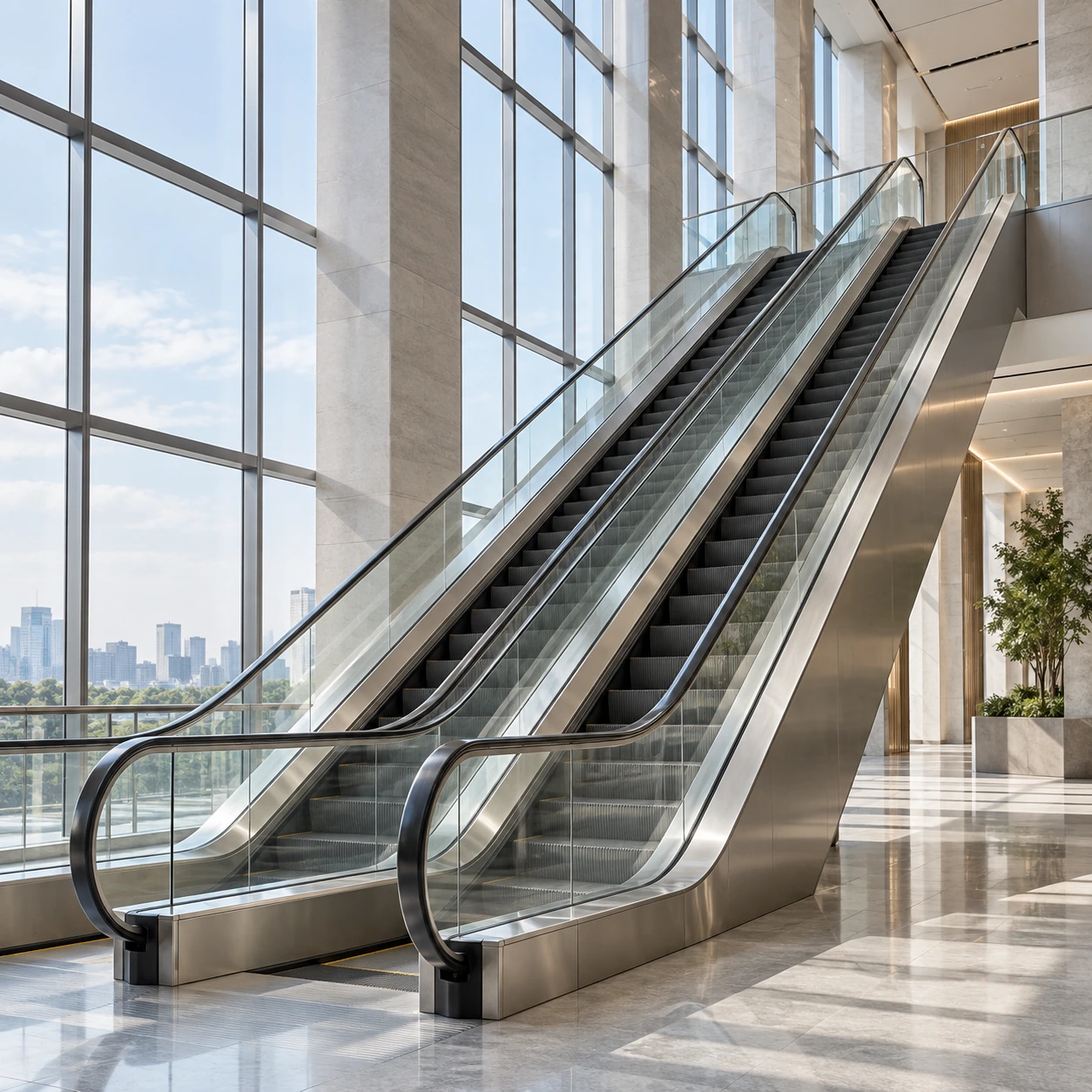 Illustrative image of escalators in a light-filled atrium