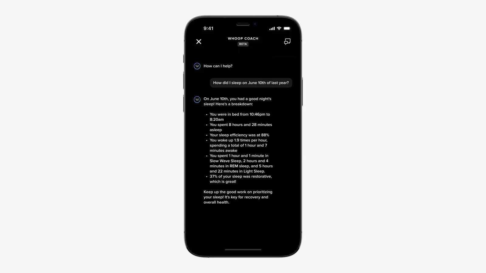 The WHOOP coach helps users tap into insights about their health with a natural conversation powered by generative AI (photo: WHOOP & OpenAI)