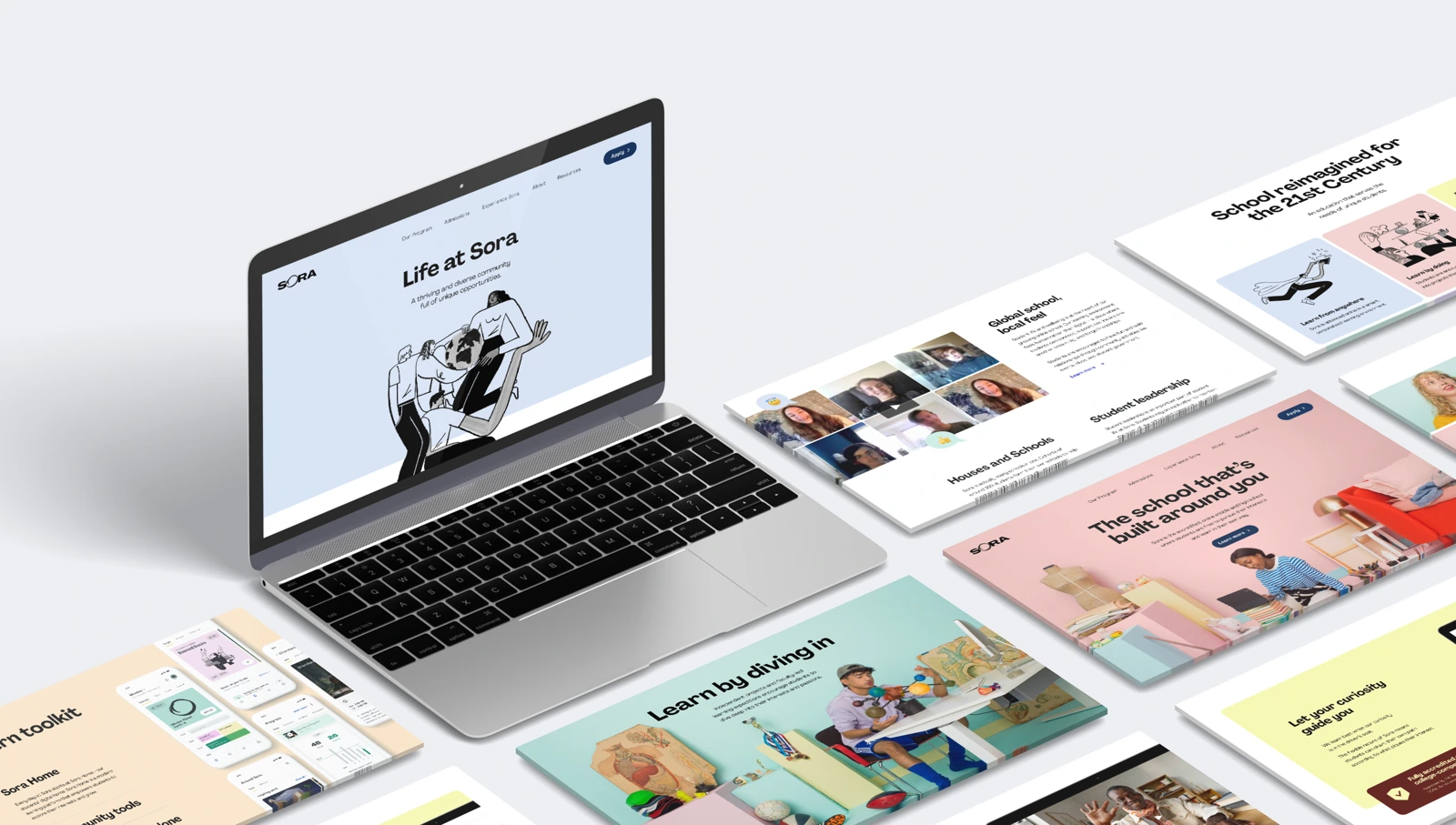 Sora Schools brand and website design across laptop and page layouts