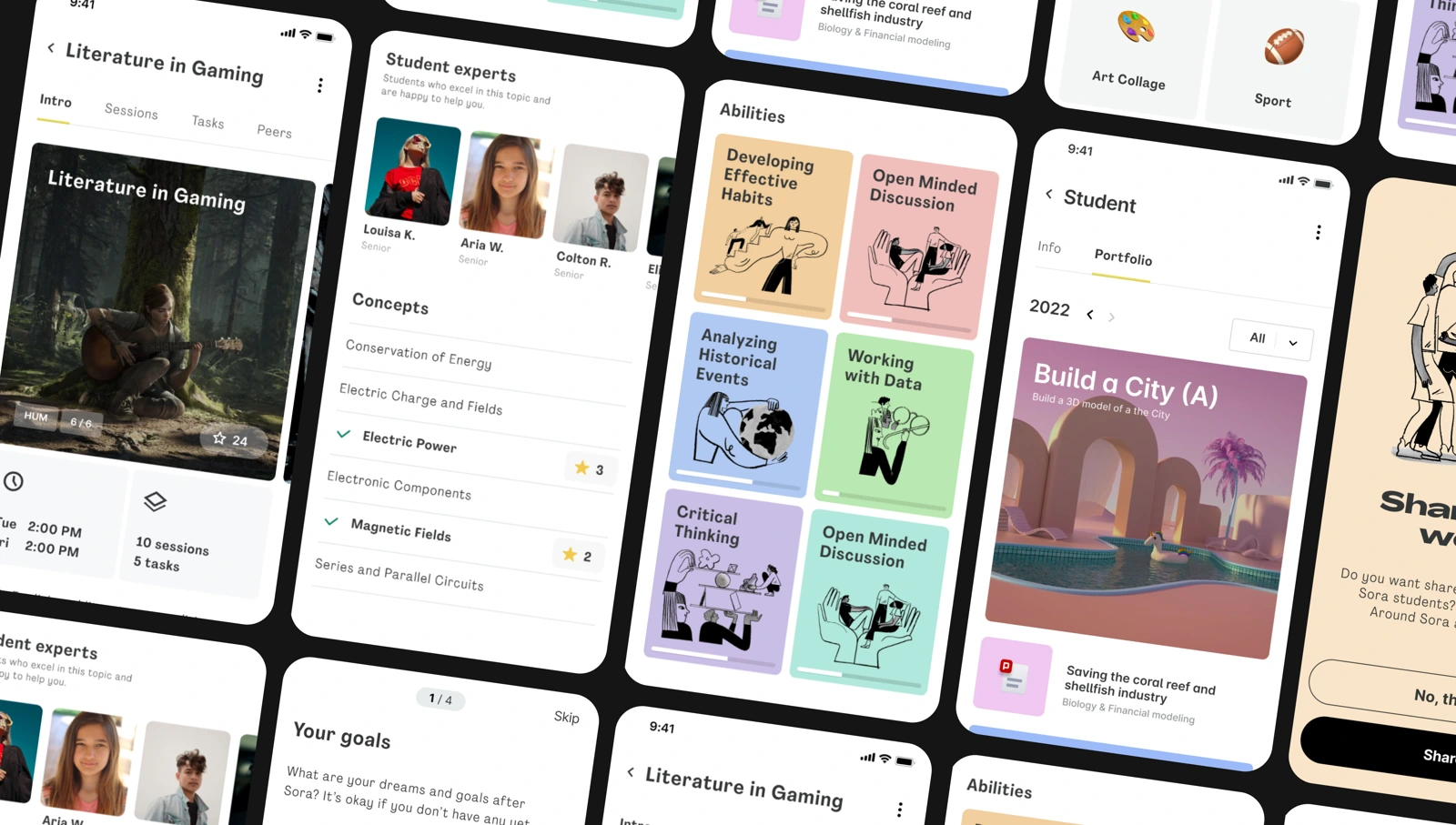 Sora Home mobile interfaces for expeditions, goals and student life